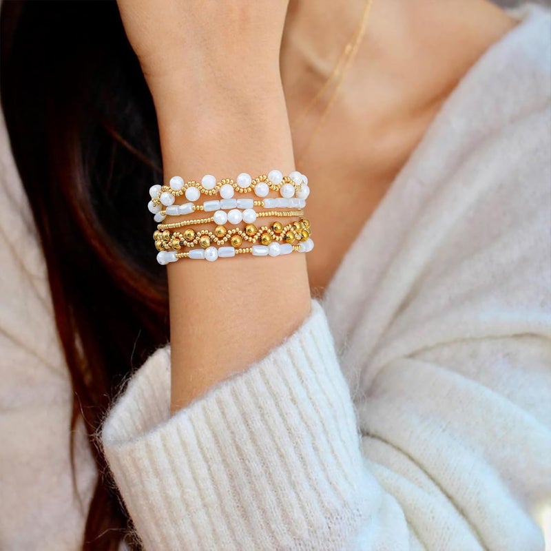 Pymach Store Dainty Gold Plated Pearl Crystal Beaded Bracelets Set for Women 14K Gold Plated Bead Pearl Beads Bracelet Stackable Paperclip Link Chain Bracelets Gold Plated Bracelets for Women Trendy Jewelry - Image 3